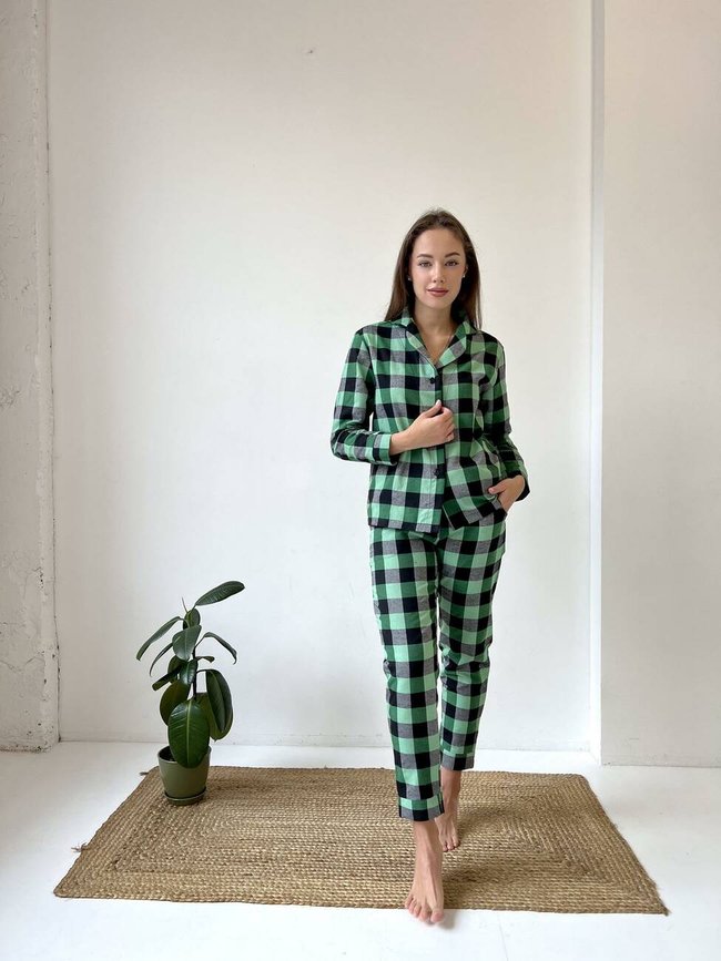 Домашняя женская пижама COSY в клетку зелено/черная (рубашка+штаны) 11382210 фото Колготочка