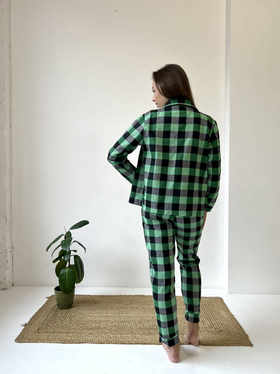 Домашня жіноча піжама COSY у клітинку зелено/чорна (сорочка+штани) 11382210 фото Колготочка