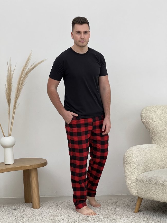 Домашняя пижама для мужчин COSY из фланели (штаны+футболка черная) красно/черные 10391432 фото Колготочка