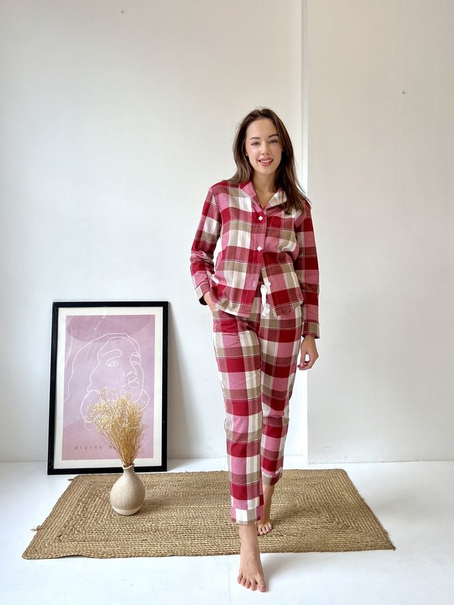 Женская пижама домашний костюм в клетку COSY брюки+рубашка красно/белая 10647393 фото Колготочка