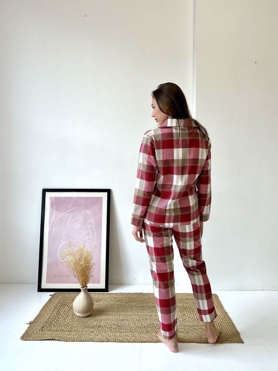 Женская пижама домашний костюм в клетку COSY брюки+рубашка красно/белая 10647393 фото Колготочка