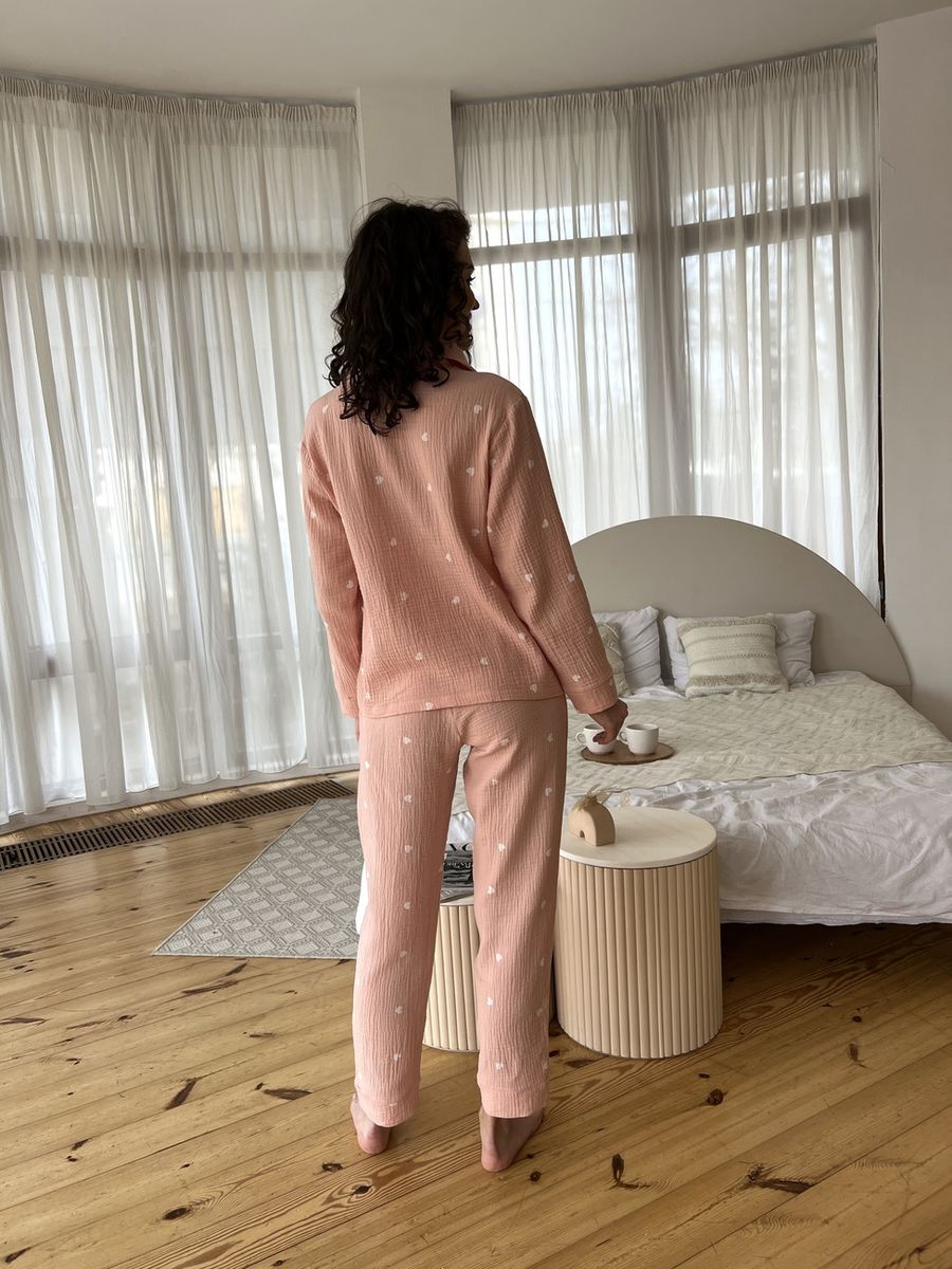 Жіноча Муслінова піжама Серця COSY штани+сорочка рожева пудра M100P 10741809 фото Колготочка