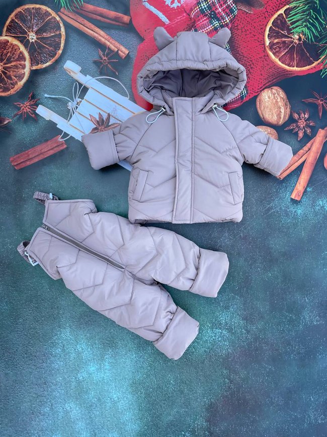 Костюм детский без меха однотонный курточка и полукомбинезон, 104-110, беж