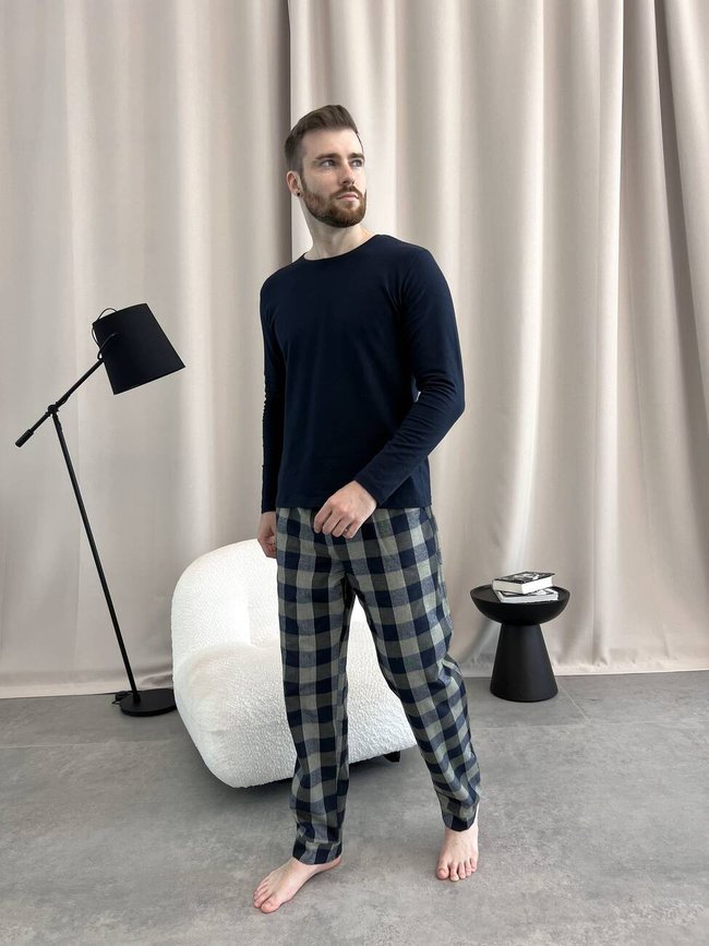 Мужские брюки пижамные COSY домашние с фланели в клетку хаки 11249438 фото Колготочка