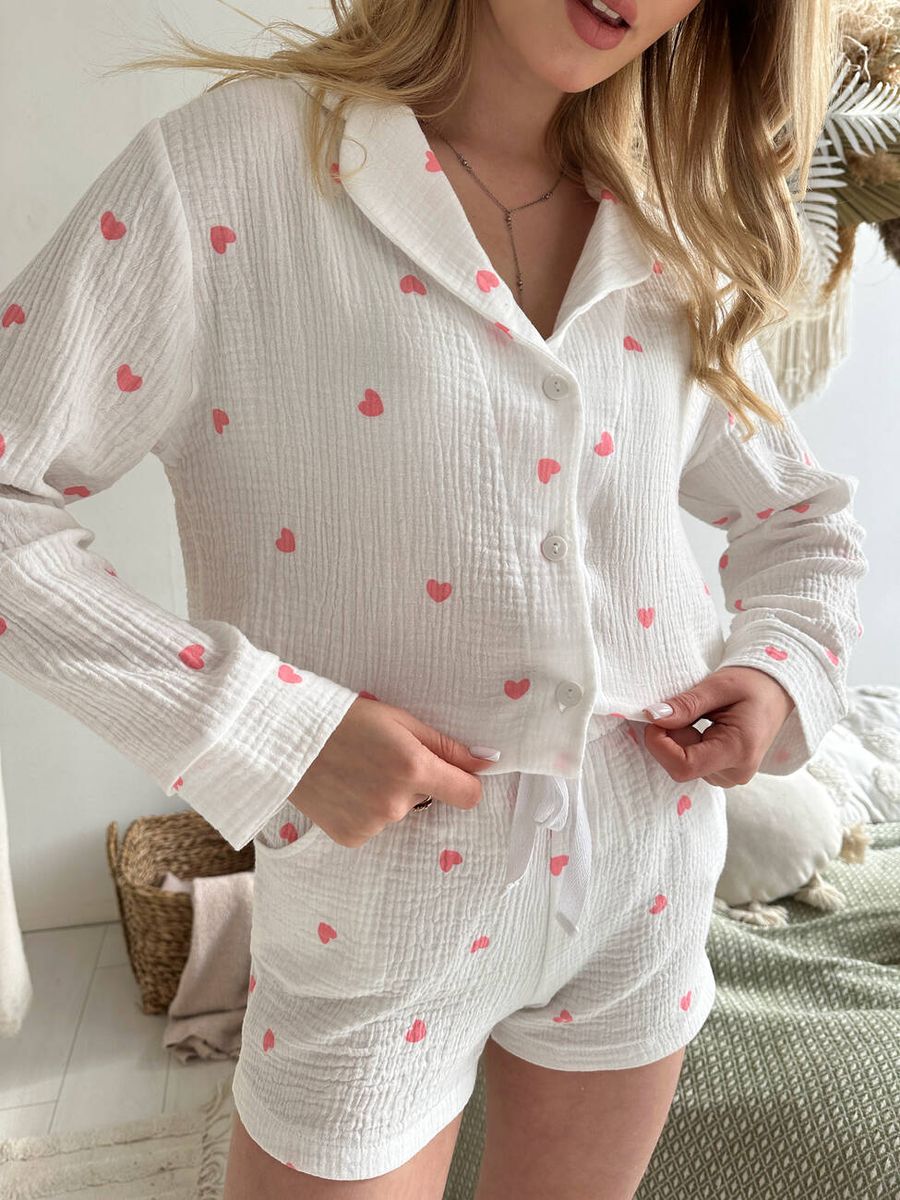 Женская муслиновая пижама COSY розовые сердца на белом шорты + рубашка 11871221 фото Колготочка