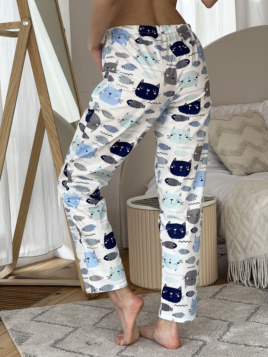 Жіночі Піжамні штани COSY із сатину Котики Рибки молочний S311P 10741810 фото Колготочка