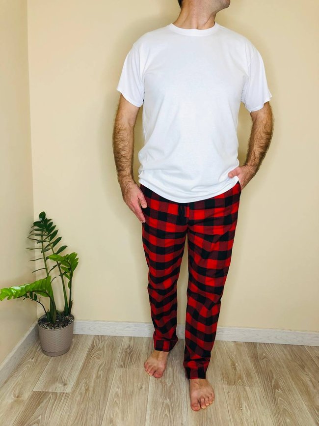 Домашня піжама для чоловіків COSY із фланелі (штани+футболка біла) червоно/чорні 10391521 фото Колготочка
