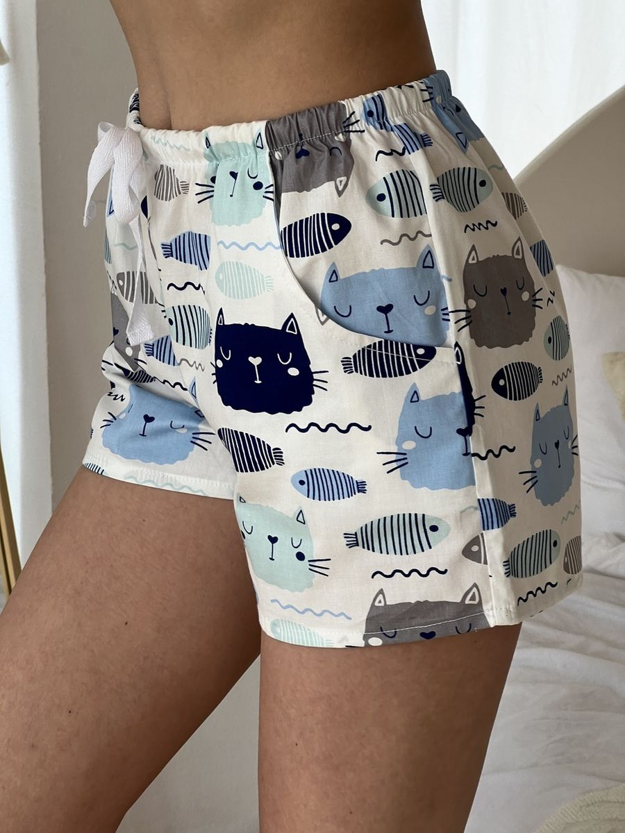 Пижамные шорты COSY из сатина Котики Рыбки молочный S310P 10741812 фото Колготочка
