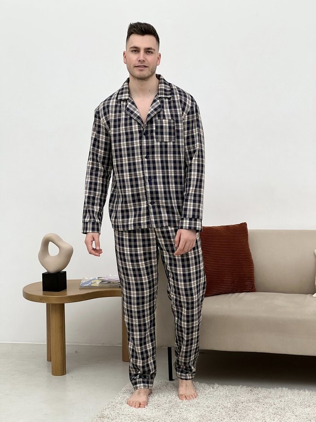 Піжама чоловіча COSY домашній костюм з фланелі (штани+сорочка) клітина темно-синя/кремова 10647265 фото Колготочка