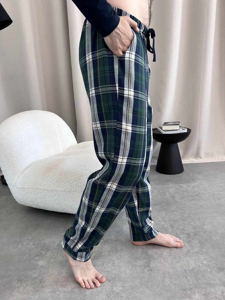 Мужские брюки пижамные COSY домашние из фланели в клетку сине-зеленые 11249570 фото Колготочка