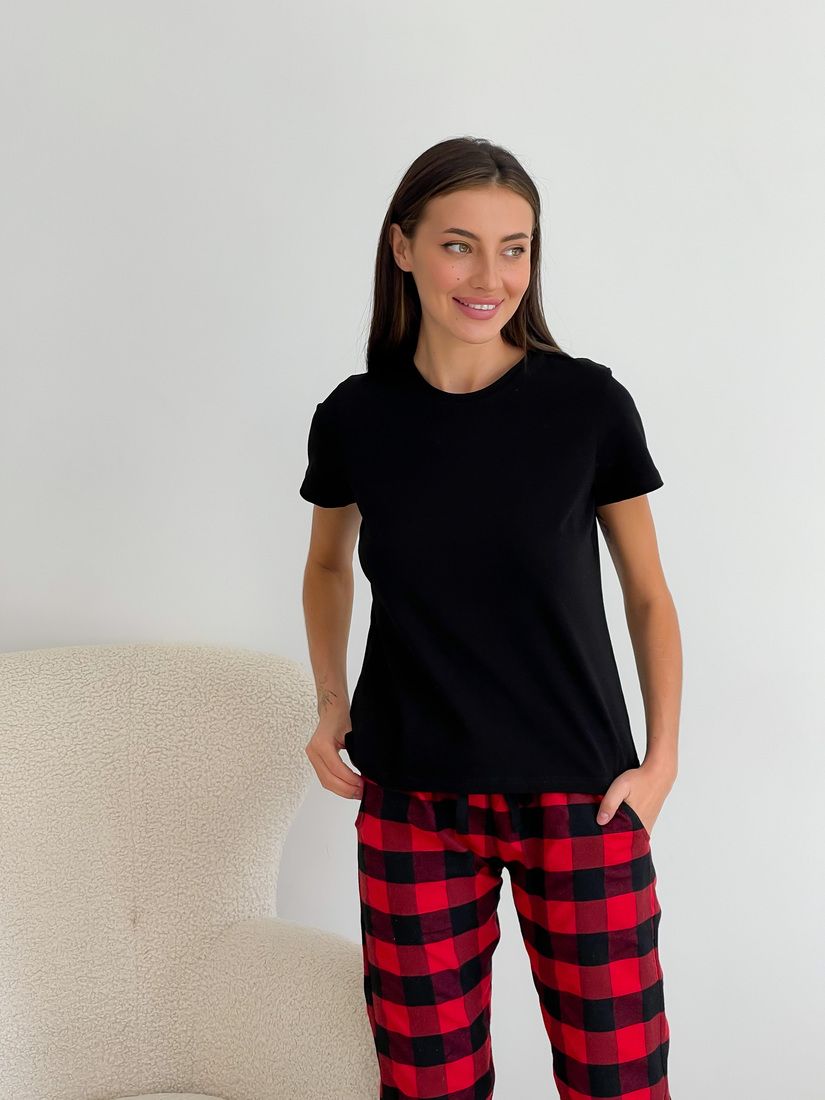 Женский Пижамный комплект COSY в клеточку красный/черный(штаны + черная футболка) 10004363 фото Колготочка