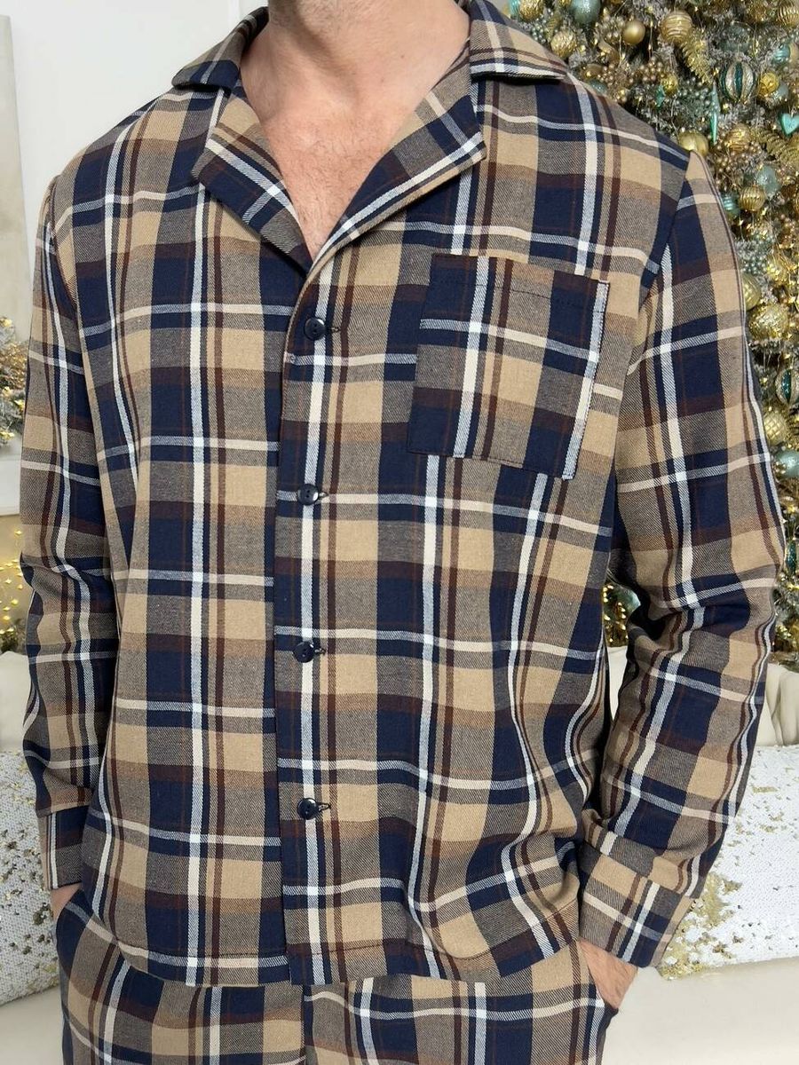 Пижама мужская COSY из фланели (брюки+рубашка) клетка сине/коричневая 11664400 фото Колготочка