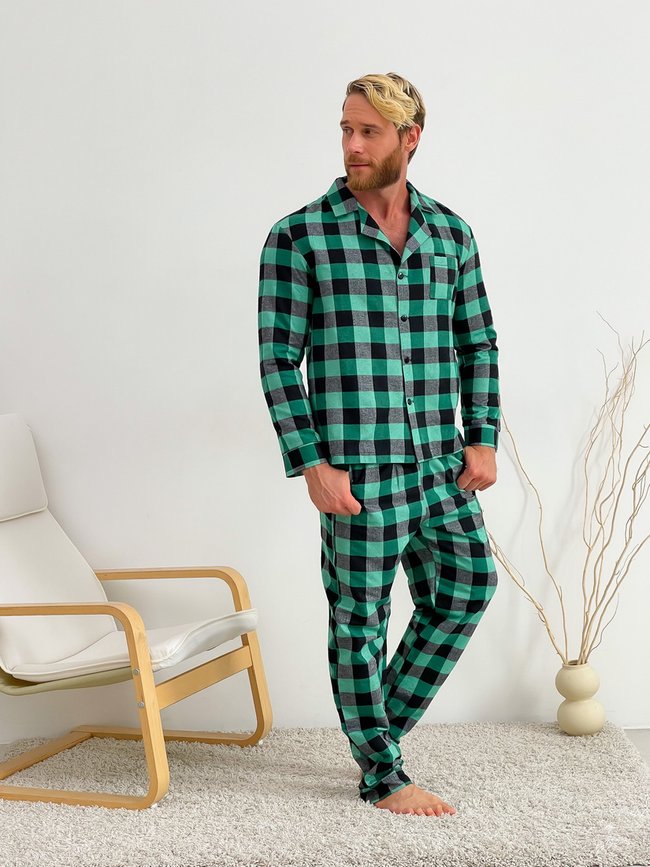 Пижама мужская COSY из фланели (брюки+рубашка) клетка зелено/черная 10061011 фото Колготочка