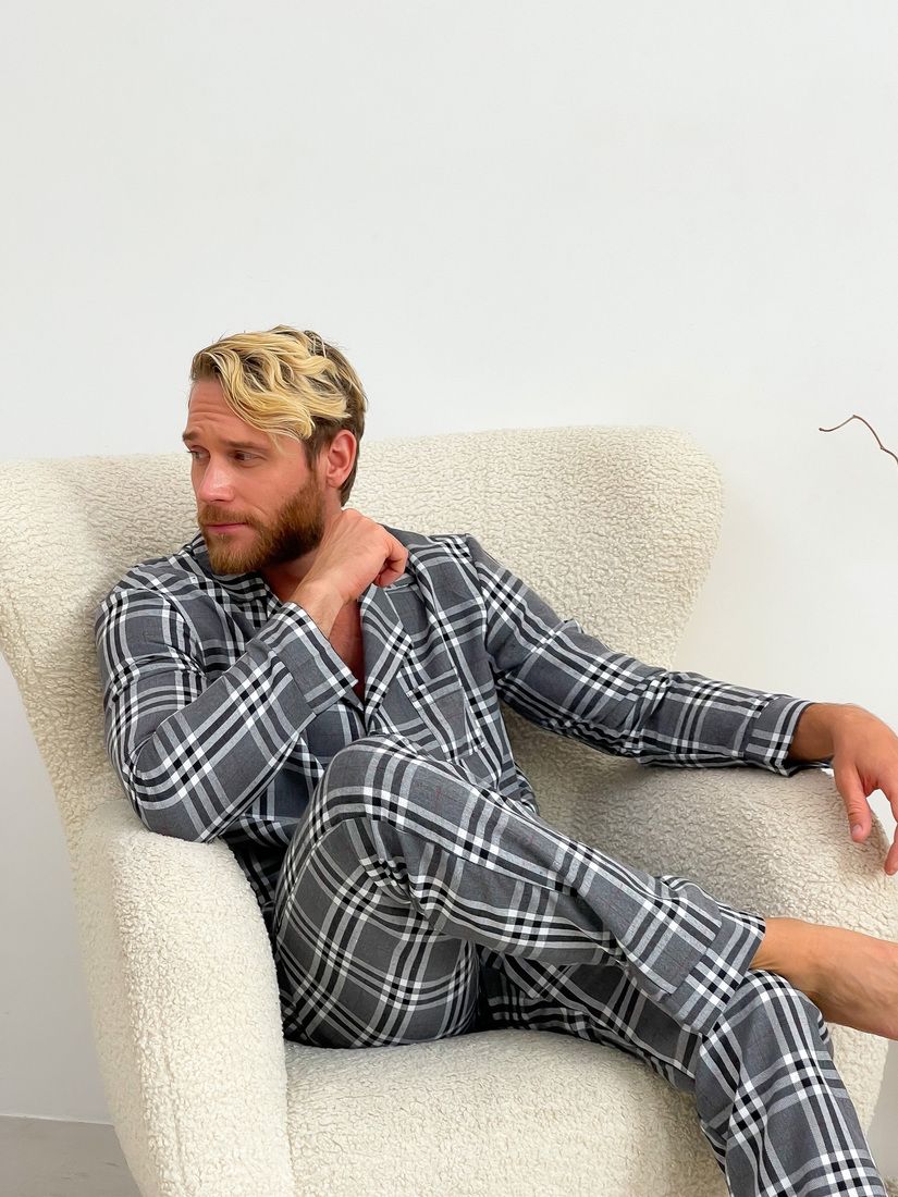 Пижама для мужчин COSY с фланели (брюки+рубашка) клетка серый/черный/белый 10061013 фото Колготочка