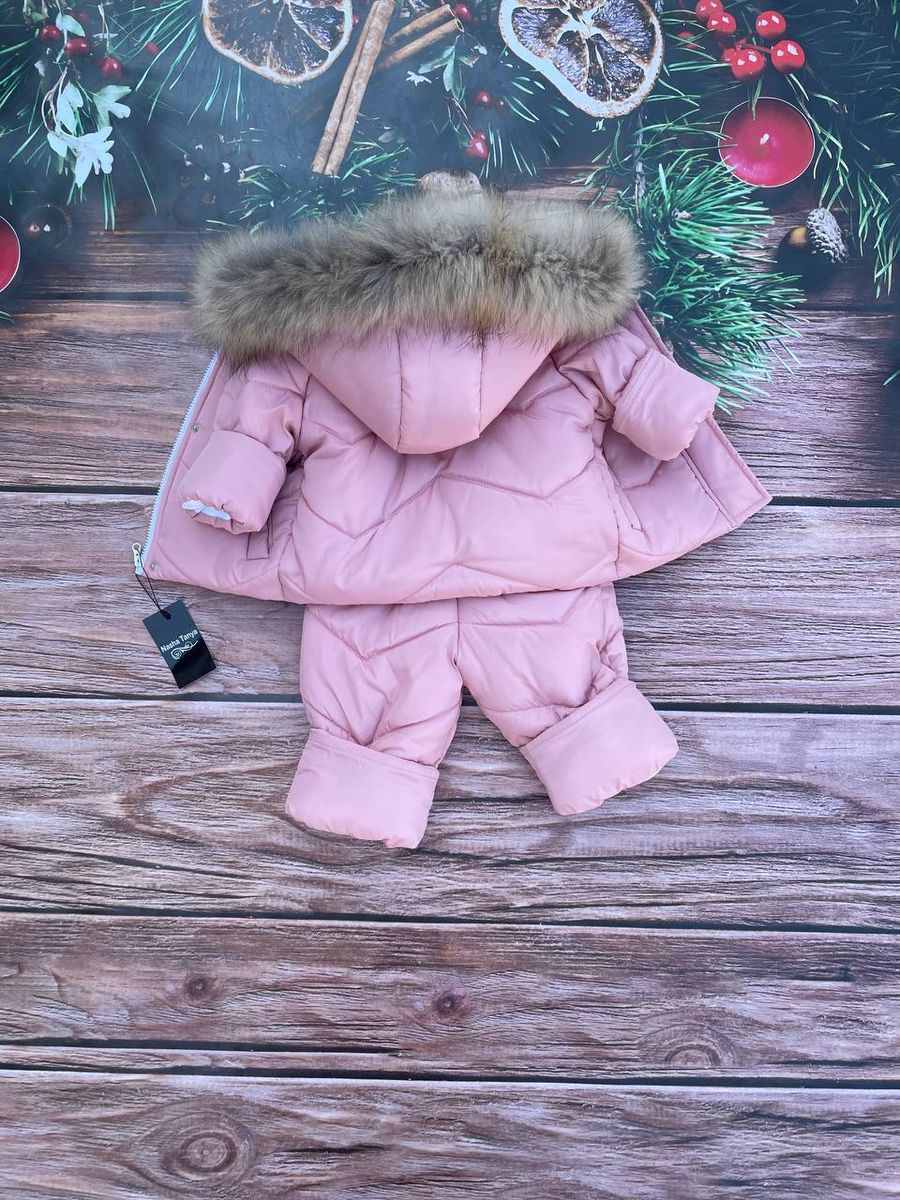 Зимний костюм однотонный куртка и полукомбинезон с натуральным мехом энота, 80-86, рожевий