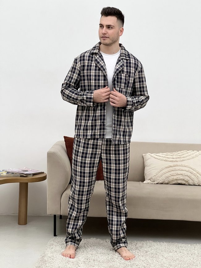 Пижама для мужчин COSY из фланели (штаны+футболка+рубашка) клетка темно-синяя/кремовая 10647266 фото Колготочка