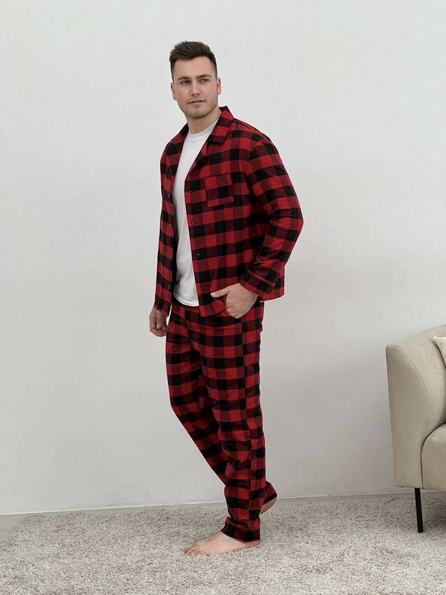 Пижама мужская COSY из фланели (брюки+рубашка+футболка белая) клетка красно/черная 11505972 фото Колготочка