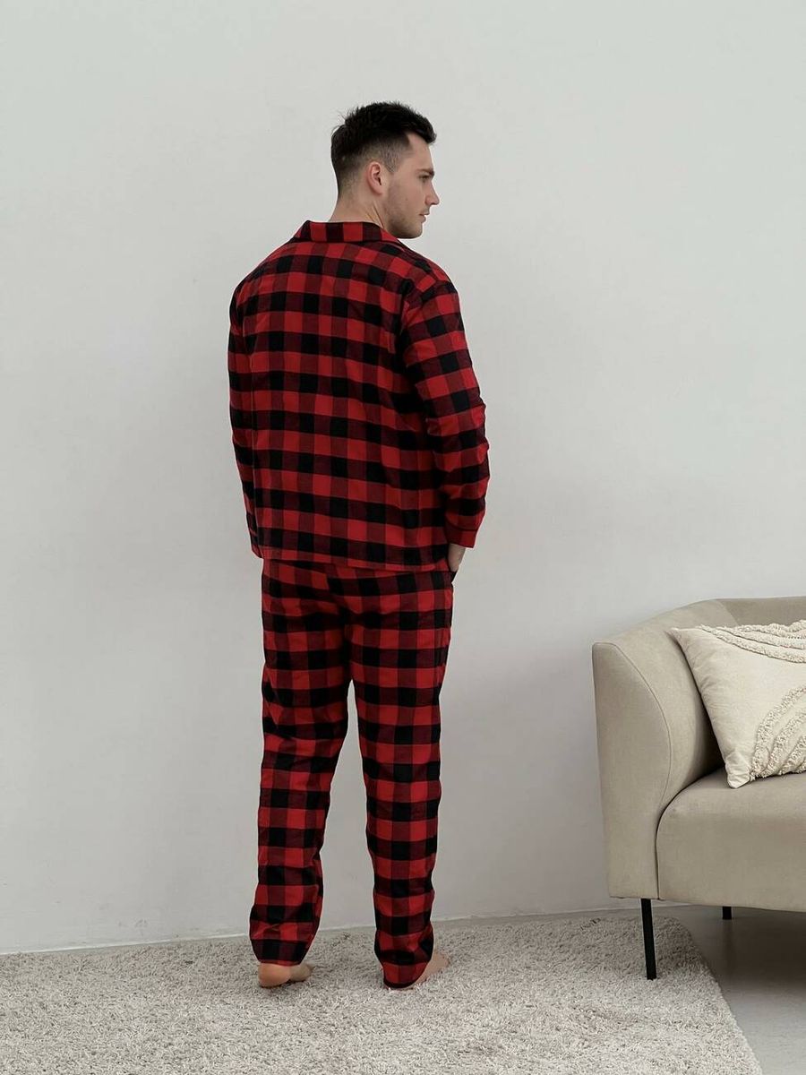 Пижама мужская COSY из фланели (брюки+рубашка+футболка белая) клетка красно/черная 11505972 фото Колготочка