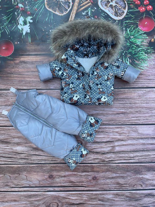 Зимовий костюм куртка і напівкомбінезон з натуральних хутром єнота, 80-86, сірий