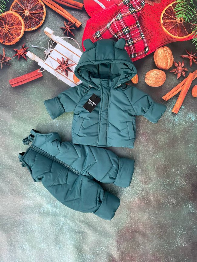 Костюм дитячий без хутра однотонний курточка і напівкомбінезон, 80-86, зелений