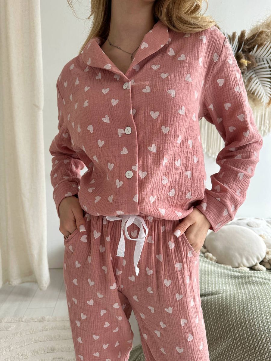 Жіноча Муслінова піжама COSY Серця (темна пудра) штани+сорочка 11833466 фото Колготочка