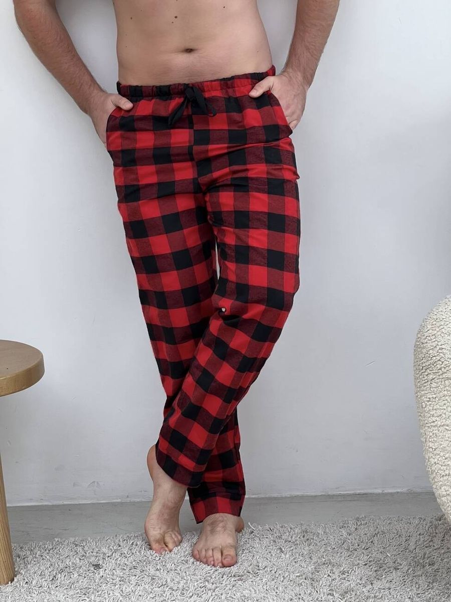 Пижама мужская COSY из фланели (брюки+рубашка+футболка черная) клетка красно/черная 11505974 фото Колготочка