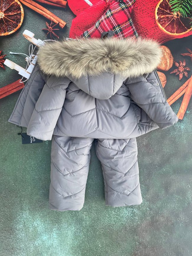 Зимовий костюм кутрка і напівкомбінезон з натуральних хутром єнота, 80-86, сірий