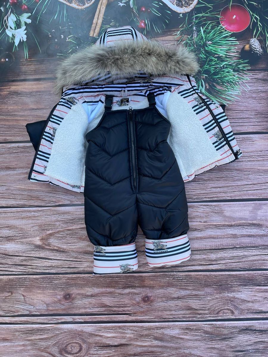 Зимовий костюм куртка і напівкомбінезон з натуральних хутром єнота, 80-86, Чорно-білий