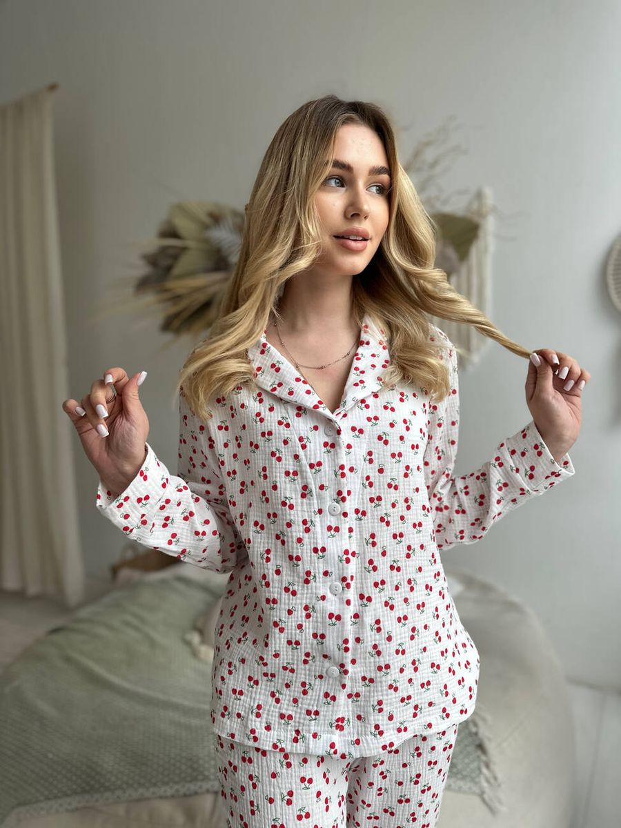 Женская муслиновая пижама COSY вишенки на белом брюки+рубашка 11871218 фото Колготочка