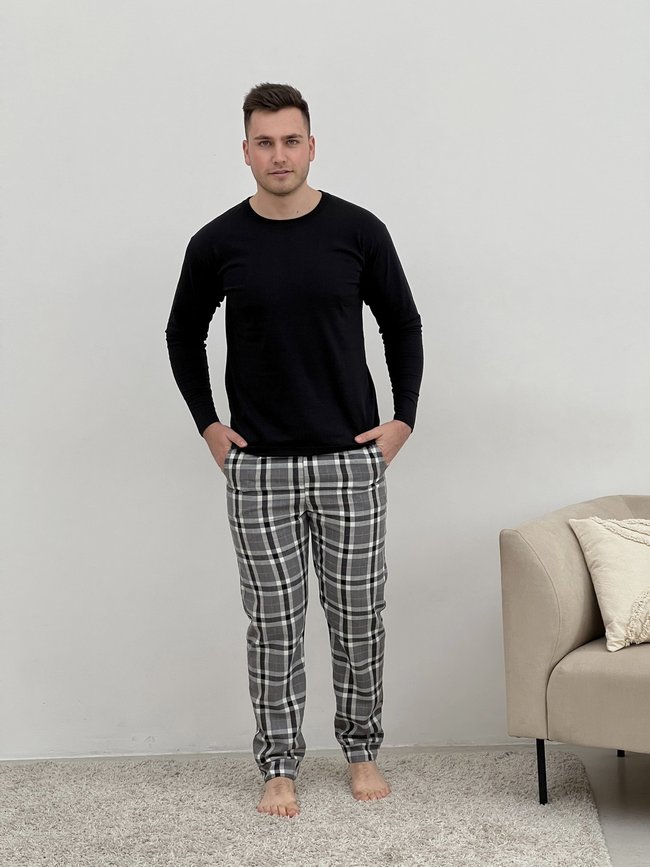 Домашня піжама для чоловіків COSY із фланелі (штани+лонгслив) клітина сіра 10647269 фото Колготочка