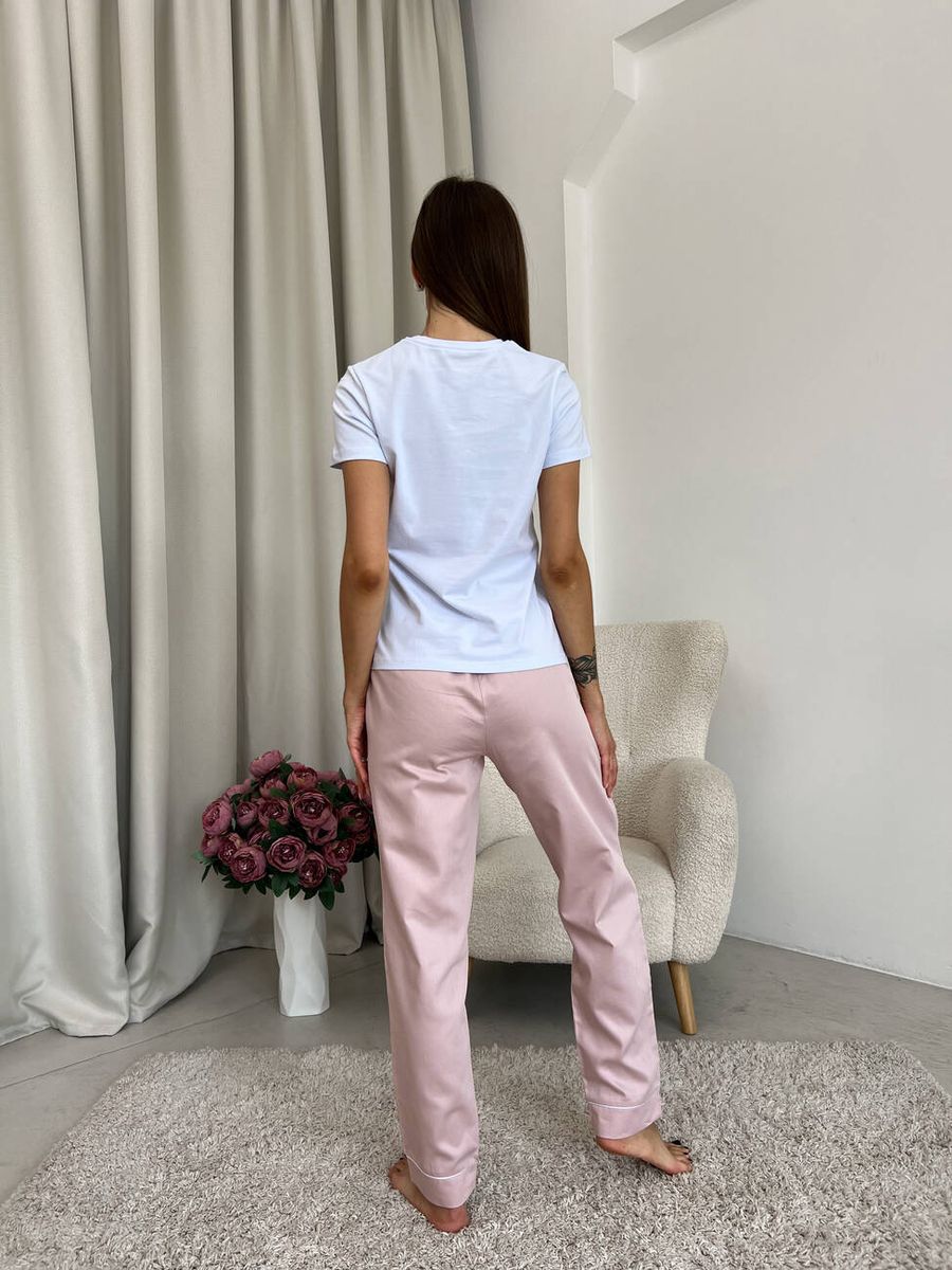 Піжамний комплект COSY 3-ка жіночі штани та шорти з сатину Pearl пильна пудра з футболкою біла 11356675 фото Колготочка