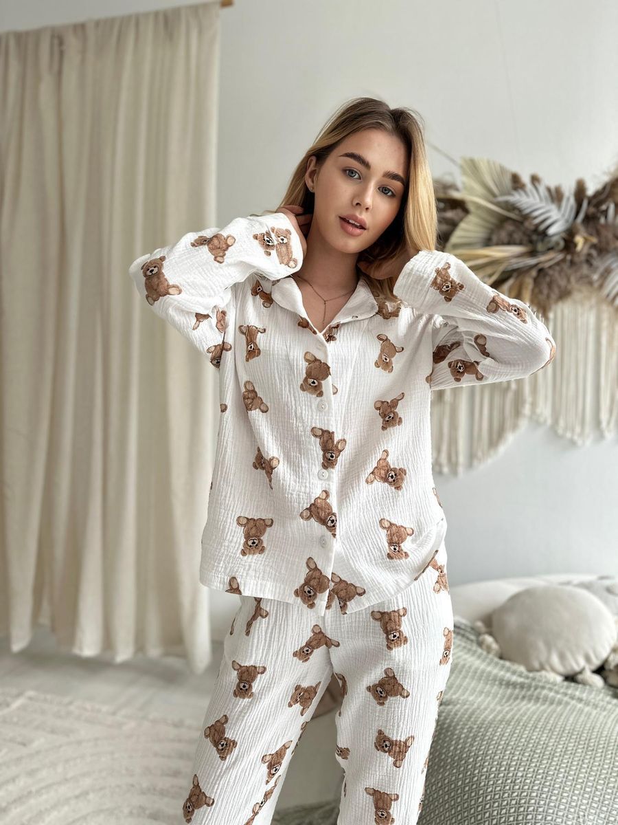 Жіноча піжама муслінова штани+сорочка ведмедики Teddy 5254109 фото Колготочка