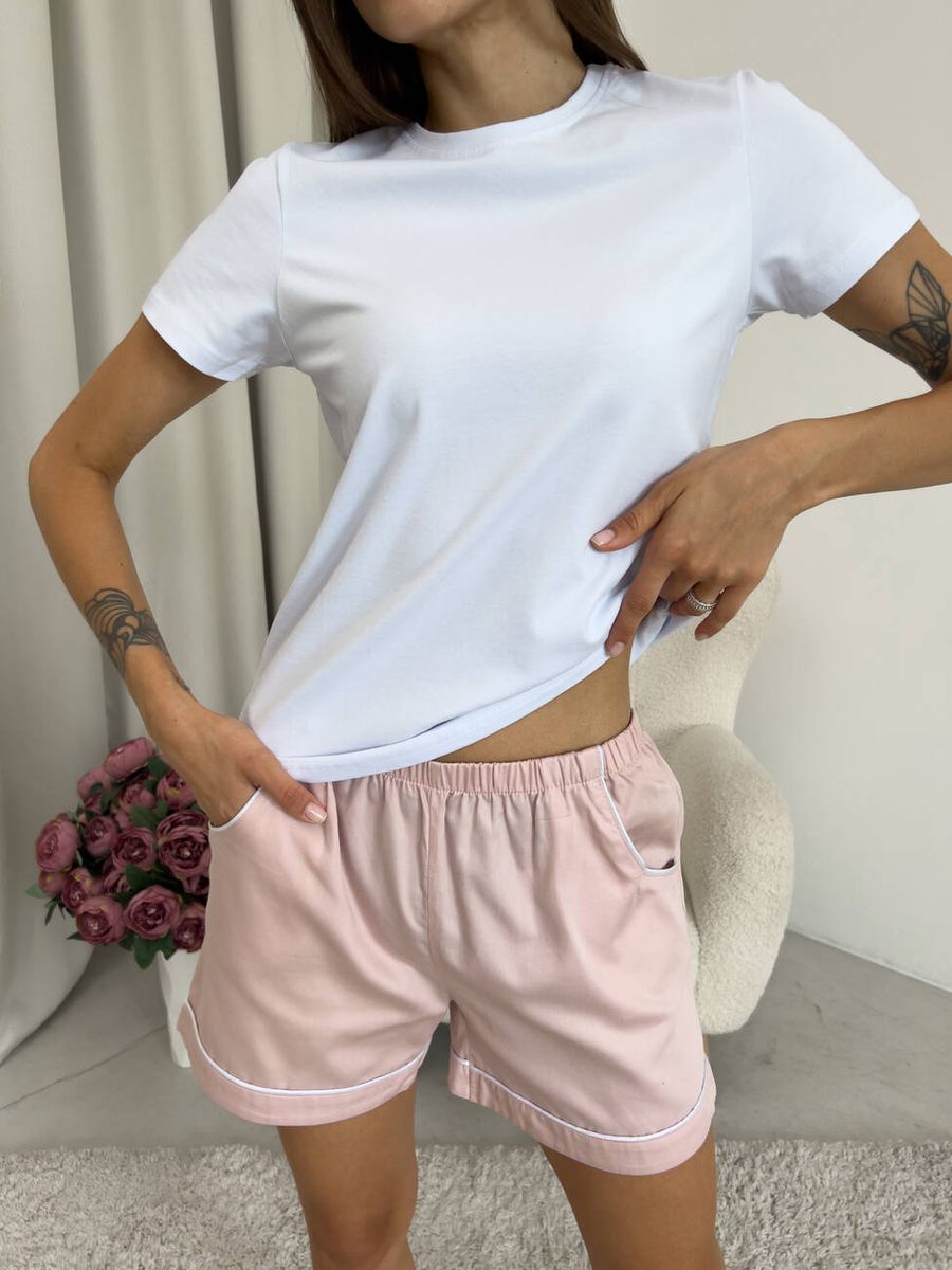 Піжамний комплект COSY 3-ка жіночі штани та шорти з сатину Pearl пильна пудра з футболкою біла 11356675 фото Колготочка