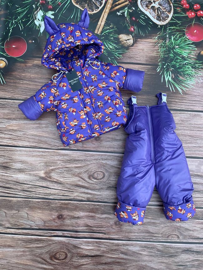 Костюм детский в принт курточка полукомбинезон без меха, 80-86, фіолетовий