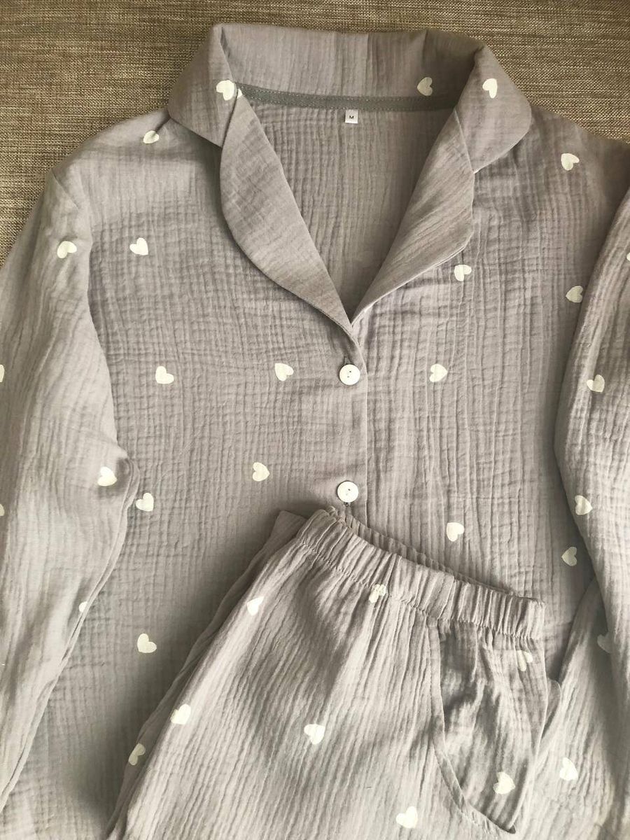 Мужская женская пижама Сердца COSY брюки+рубашка серый пудра 11358043 фото Колготочка