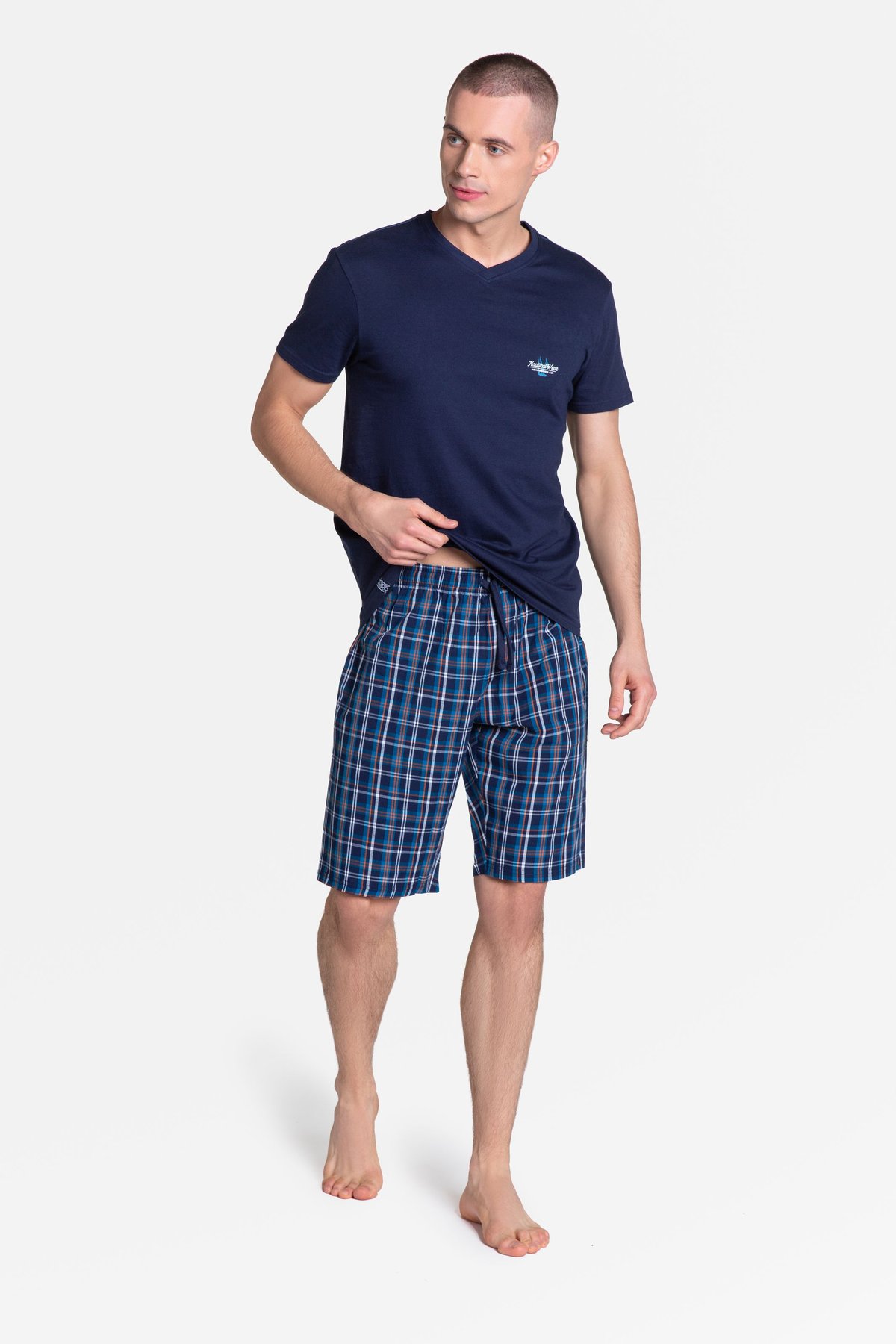 Чоловіча піжама з бавовни з шортами в клітку Henderson 38884 Dream, XL, синій