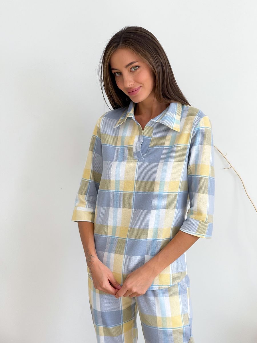 Жіночий Домашній комплект COSY у клітинку трійка (сорочка+штани+ футболка) жовт./сірий. 10002853 фото Колготочка