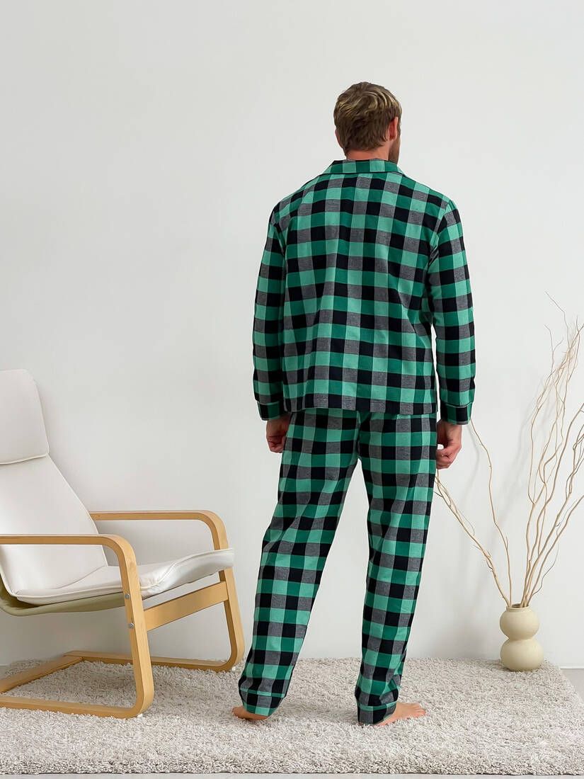 Пижама для мужчин COSY из фланели (штаны+футболка+рубашка) клетка зелено/черная 11505980 фото Колготочка