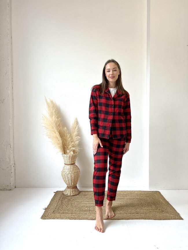 Жіноча піжама домашній костюм у клітинку COSY штани+сорочка червоно/чорна 10648019 фото Колготочка