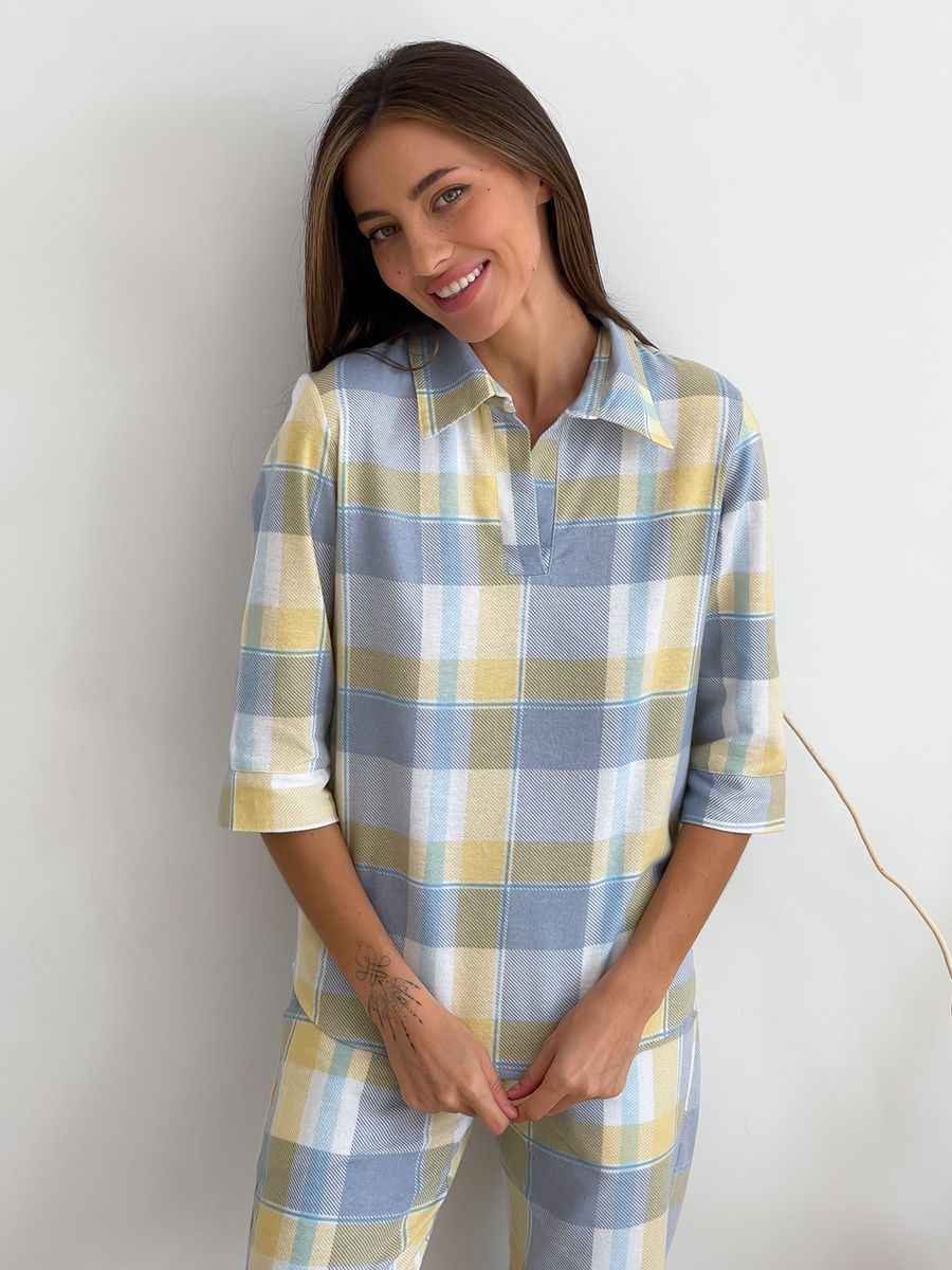 Домашній Жіночий комплект COSY у клітинку (сорочка + штани) жовто/сірий 10002856 фото Колготочка