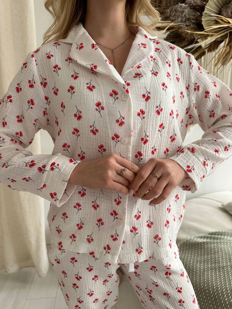 Жіноча Муслінова піжама COSY гілочки з червоним штани+сорочка 11871219 фото Колготочка