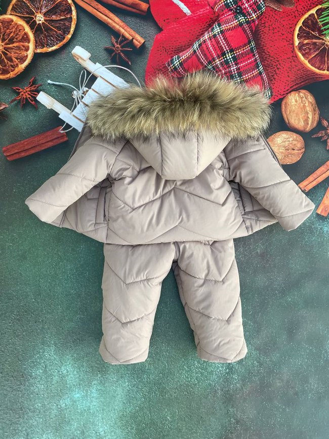 Зимовий костюм кутрка і напівкомбінезон з натуральних хутром єнота, 80-86, беж