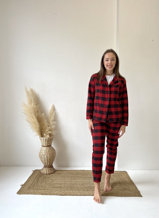 Женская пижама домашний костюм 3-я в клетку COSY (брюки+рубашка+футболка) красно/черный 10648022 фото Колготочка