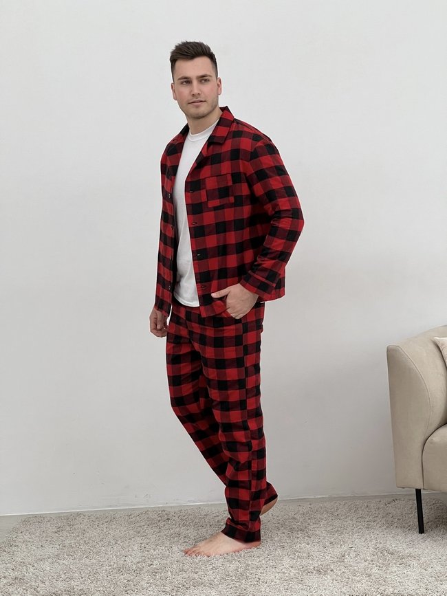 Пижама мужская COSY из фланели (брюки+рубашка+футболка белая) клетка красно/черная 10390953 фото Колготочка