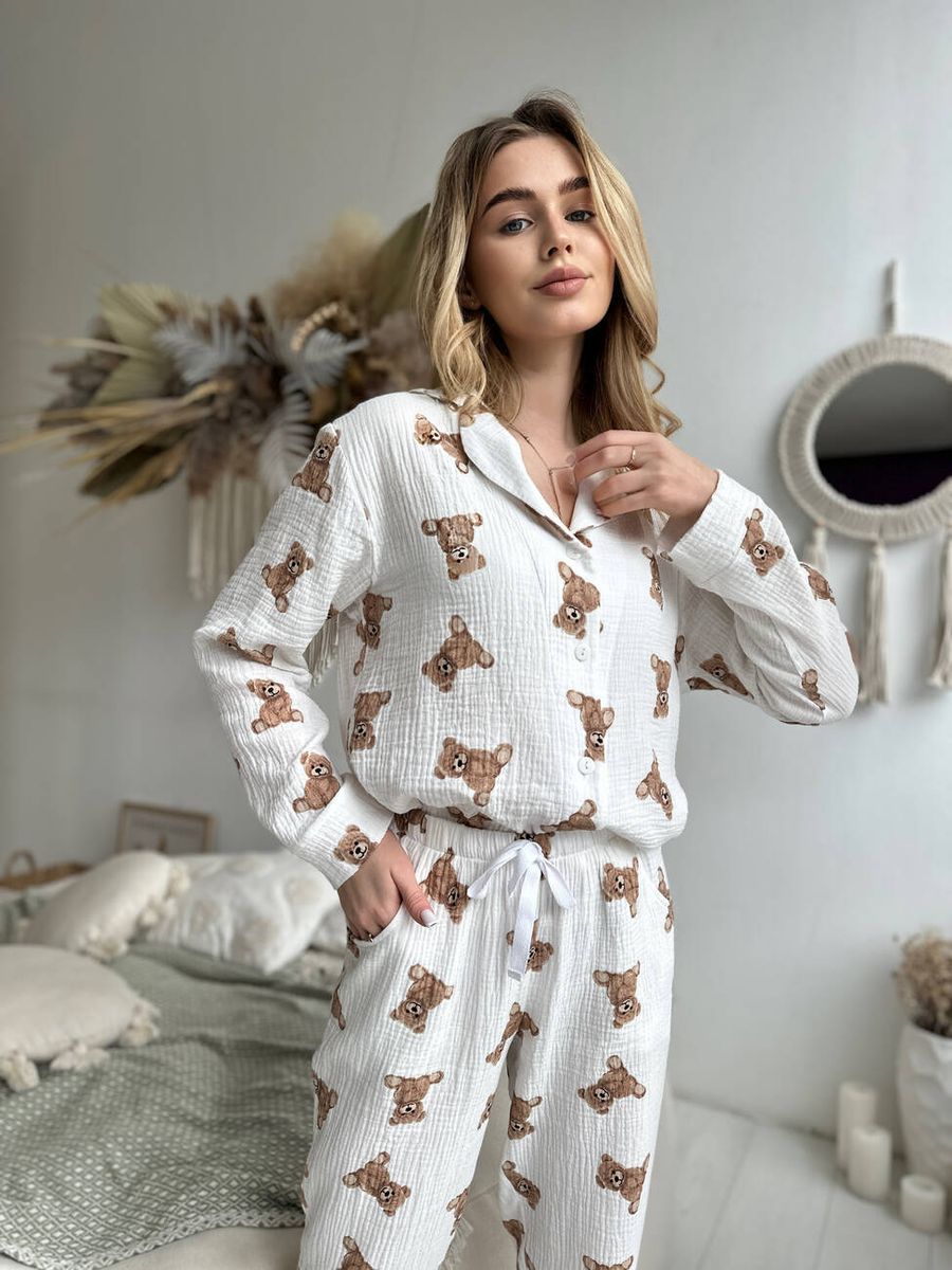 Женская муслинова пижама COSY мишки Teddy брюки+рубашка 11833456 фото Колготочка