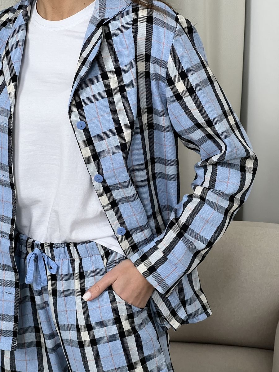Женская пижама домашний костюм 3-я в клетку COSY (штаны+рубашка+футболка) голубая 10648154 фото Колготочка