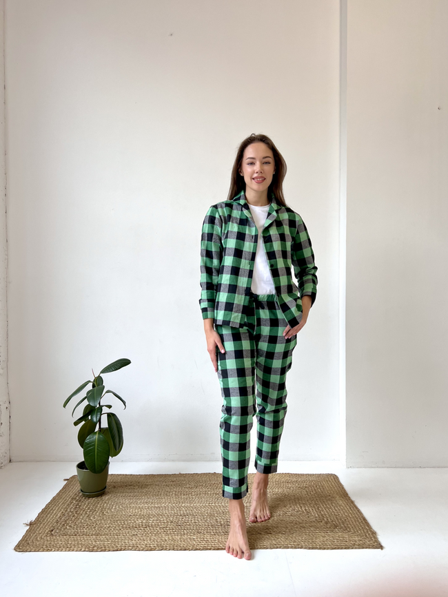 Домашняя женская пижама 3-я COSY в клетку зелено/черная (рубашка+штани+футболка) 11382214 фото Колготочка