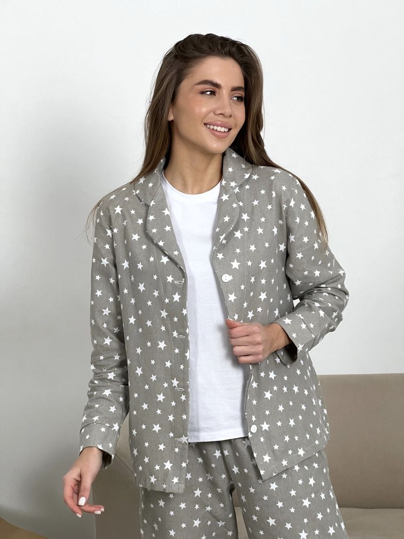 Жіноча піжама домашній костюм 3-ка з білими зірочками COSY (штани+сорочка+футболка) бєжева 10649526 фото Колготочка