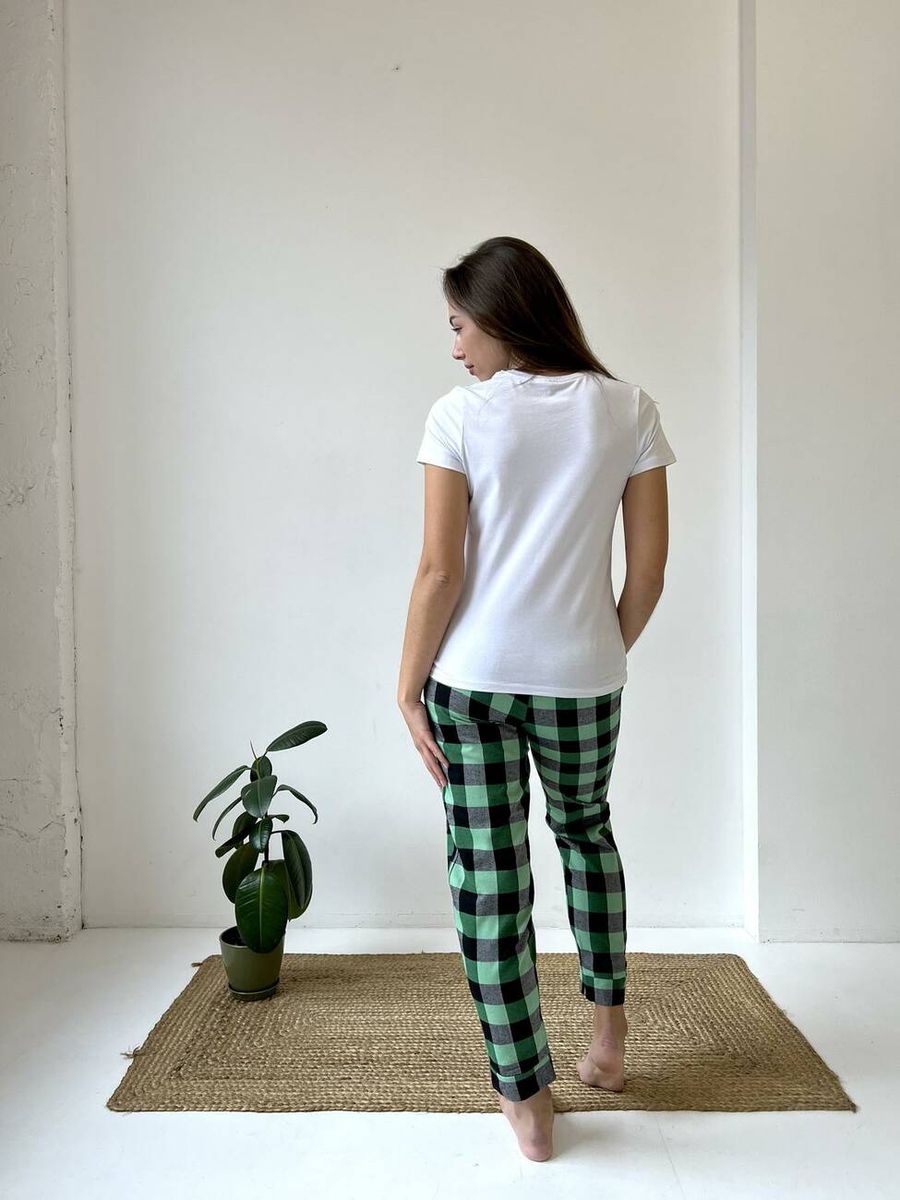 Домашня жіноча піжама 3-ка COSY у клітинку зелено/чорна (сорочка+штани+футболка) 11382214 фото Колготочка