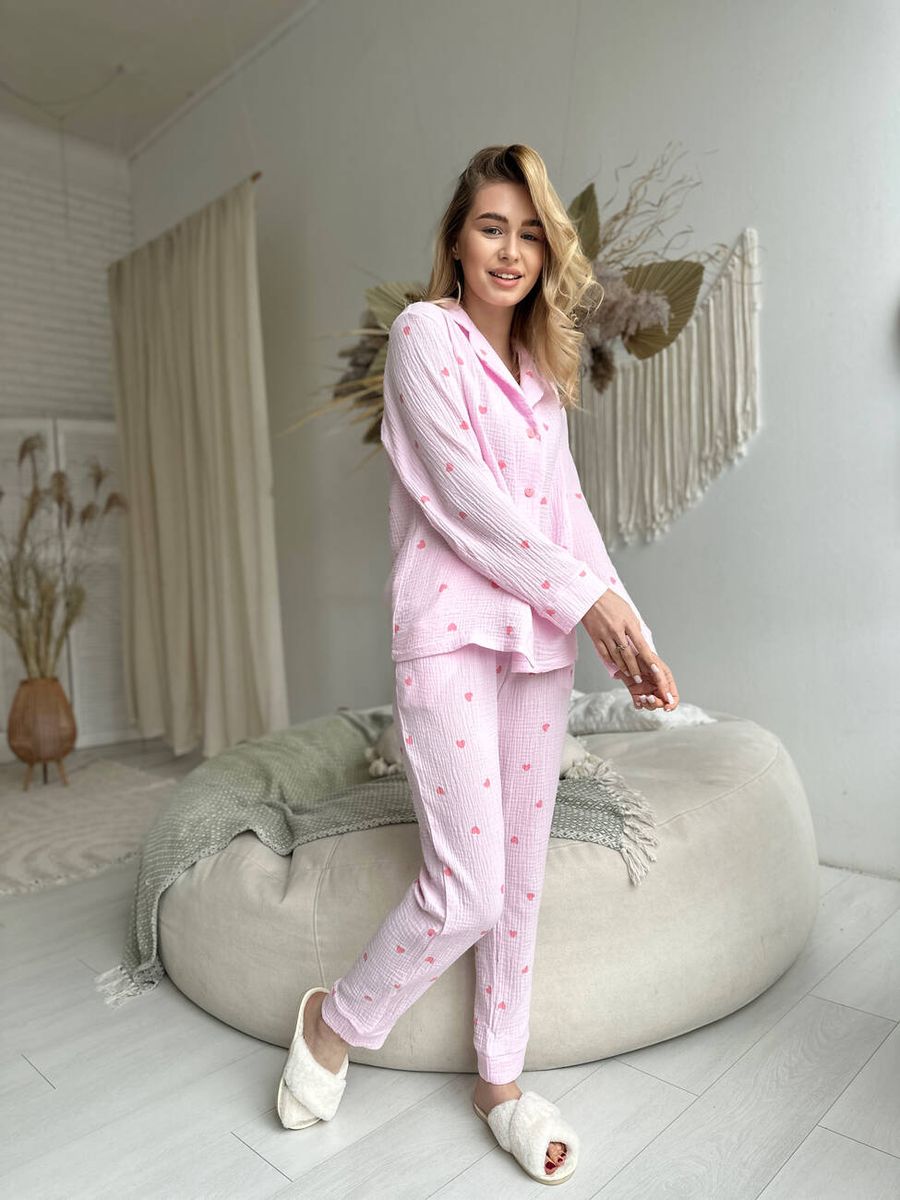 Женская муслиновая пижама COSY Сердца розовые на розовом брюки+рубашка 11833467 фото Колготочка